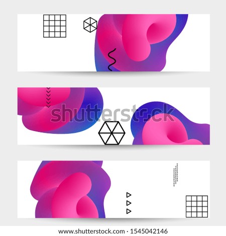 Bright colored sale banner templates with 3D liquid shape on white and simple black geometric shapes. Fluid color banners set. Creative 3D blend shapes dynamic composition.