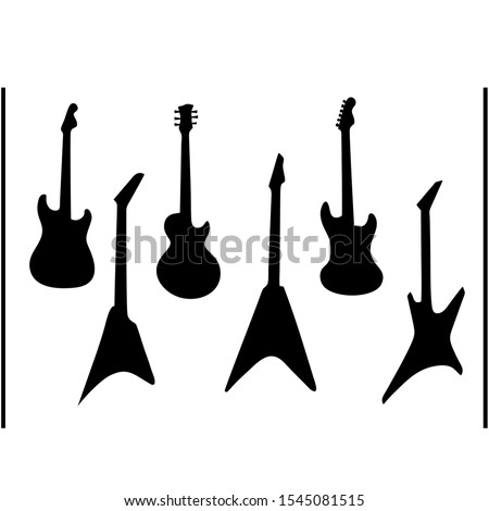 Guitar silhouettes. Black acoustic and electric music string instruments. Vector illustration heavy rock and jazz guitars isolated on white