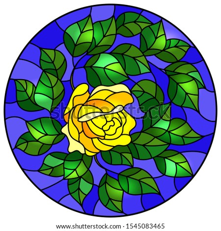 Illustration in stained glass style flower of yellow rose on a blue background, round image 