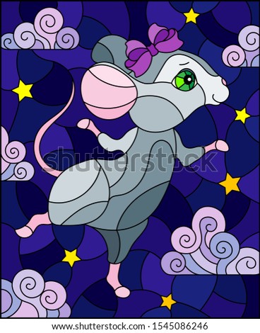 Illustration in stained glass style with a  dancing mouse on the background of the starry sky and clouds