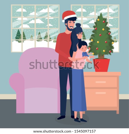 family members with pine tree christmas celebration vector illustration design