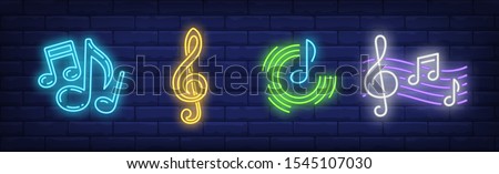 Music notes and treble clef neon signs set. Melody, classical music, sound design. Night bright neon sign, colorful billboard, light banner. Vector illustration in neon style.