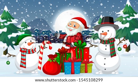 Christmas night with Santa and snowman illustration