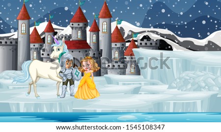Scene with knight and princess at the castle illustration