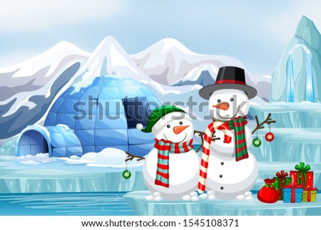 Scene with snowman and igloo illustration