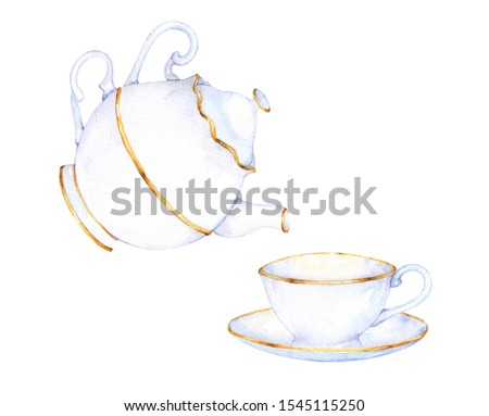 Teapot and cup set watercolour clip art for invitation or greeting cards