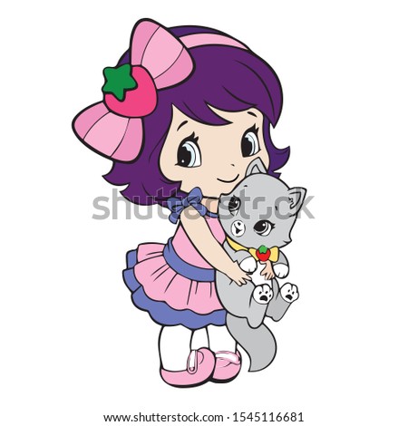 Girl holds a cat in her arms - vector - pink