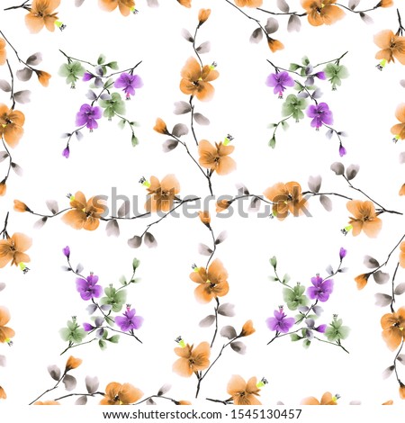 Seamless pattern small pink and green  flowers and orange branches on a white background. Watercolor -5