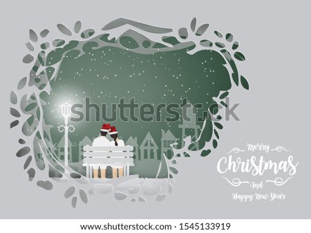 Greeting card Christmas design with Young Couple sitting apart on the bench in white Urban Countryside and snow in winter season, Paper art and Illustration style.