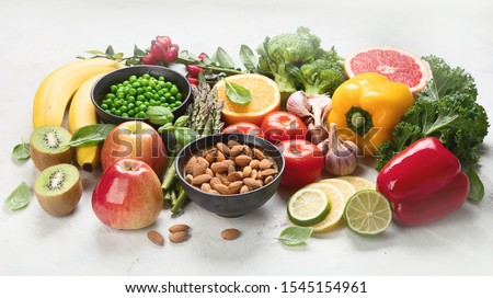Foods high in vitamin C. Food rish in antioxidant, fiber, carbohydrates. Boost immune system and brain; balances cholesterol; promotes healthy heart. Royalty-Free Stock Photo #1545154961