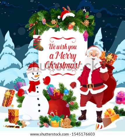 Santa Claus and snowman with Christmas gifts and New Year greeting card. Vector Xmas tree and red bag with presents stocking, ribbon bows and snow, gingerbread, candy and balls, snowflakes and stars