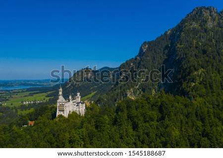 Aerial view on Neuschwanstein Castle Schwangau, Bavaria, Germany. Drone picture of Alps landscape with trees and mountains.