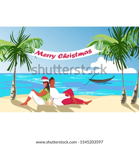 Christmas on the beach. girl and guy celebrate with egg nog drink