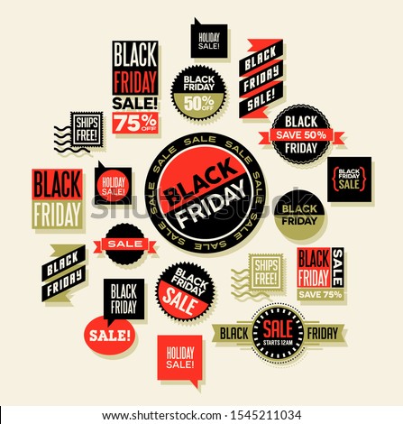big set of sales spots and clip art for black Friday and holiday sales. Vector illustration.