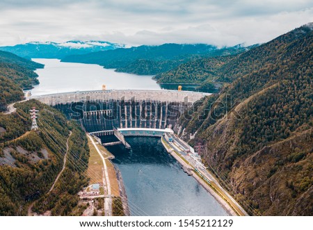 Sayano Shushenskaya dam and hydroelectric power station from aerial view. Khakasia. The Yenisei River. Krasnoyarsk region, Siberia, Russia Royalty-Free Stock Photo #1545212129