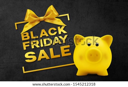 Black Friday sale text write on black gift card with golden ribbon bow and piggy bank