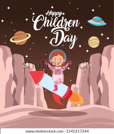 happy children day celebration with girl in the space vector illustration design