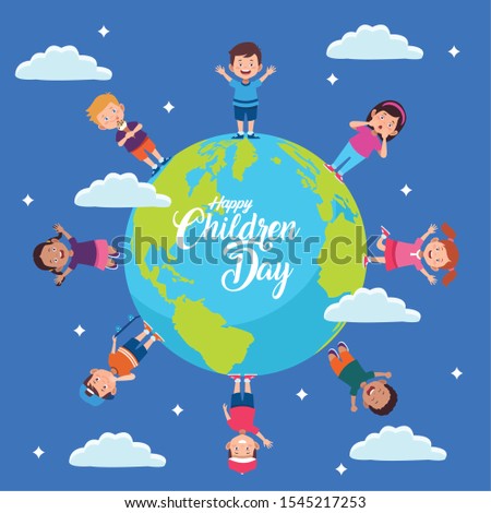happy children day with kids in the world planet vector illustration design