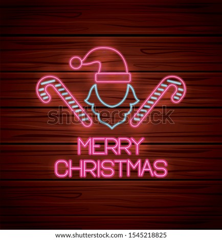 mery christmas hat and canes neon lights vector illustration design