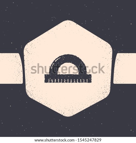 Grunge Protractor grid for measuring degrees icon isolated on grey background. Tilt angle meter. Measuring tool. Geometric symbol. Monochrome vintage drawing. Vector Illustration