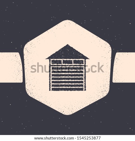 Grunge Closed warehouse icon isolated on grey background. Monochrome vintage drawing. Vector Illustration