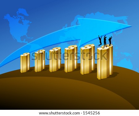 Happy people on business graph. Digital illustration. Gradients.