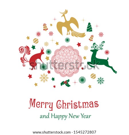Winter christmas background. On a black background birds, hares, squirrels and deer. Vector drawing for designs.
