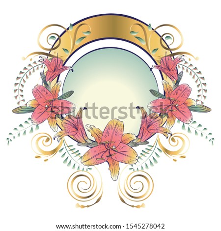 Ornamental floral frame with lily flowers in art nouveau style design.
