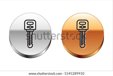 Black line Key icon isolated on white background. Silver-gold circle button. Vector Illustration