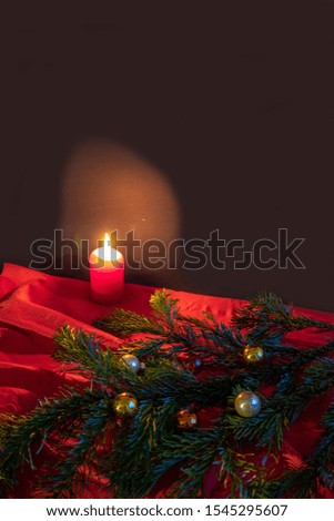 Christmas pictures, view of fir branches, candles, lanterns and Christmas decorations