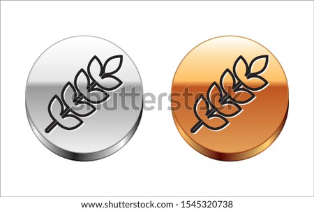 Black line Cereals set with rice, wheat, corn, oats, rye, barley icon isolated on white background. Ears of wheat bread symbols. Silver-gold circle button. Vector Illustration