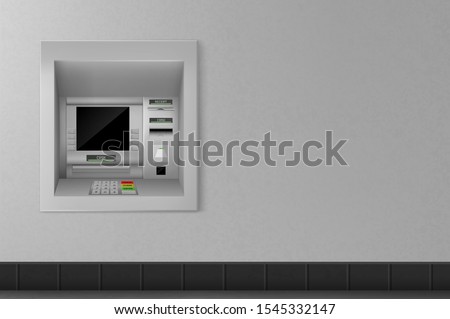 Atm machine on grey wall background, automated teller with black monitor, keypad for enter password and operation with money. Banking terminal for finance service. Realistic 3d vector illustration Royalty-Free Stock Photo #1545332147