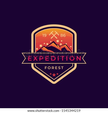 Orange outdoor and adventure logo badge template for mountaineering, scout, Forest ranger, outdoor gear shop with vintage shield style and colorful.