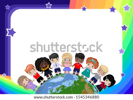 childish background, diploma, certificate, frame, template with a rainbow and stars, with happy children of different races and colors, holding hands and standing on the globe, planet. colored vector 