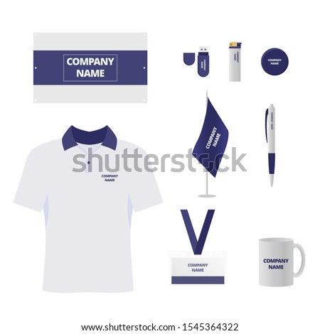Branded souvenirs vector illustrations set. Company gift shop products. Uniform and stationery items. T shirt, id badge and mug. Corporate identity, business merchandise. Flash drive and lighter Royalty-Free Stock Photo #1545364322