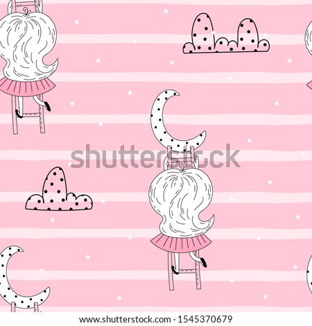 Vector seamless pattern illustration. Cute little girl on stairs reaching for her moon. Vector doodle illustration in pink colour for girlish designs like textile apparel print, wall art, poster.