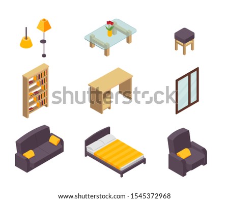 Furniture isometric vector illustrations set. Coffee table, lamps, chair and window. Living room and bedroom furnishing. Couch, bookcase, desk and bed. Apartment interior decor design elements