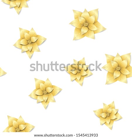 Beautiful endless pattern with decorative gold poinsettia isolated on white background; Vector seamless ornament in paper cut style for decoration, fabric print, texture, wrapping paper, greeting card