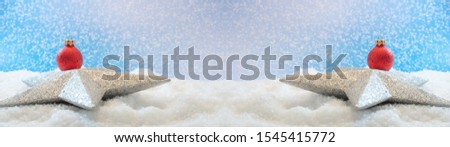 red baubles on snow snowflakes - Christmas winter background banner long