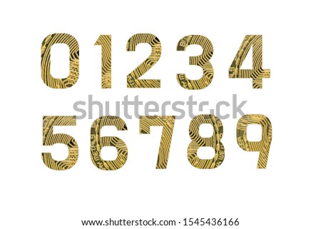 Set of bitcoin numbers, isolated. Digits in cryptocurrency style from zero to nine. Numbers 0, 1, 2, 3, 4, 5, 6, 7, 8, 9. Texture for design