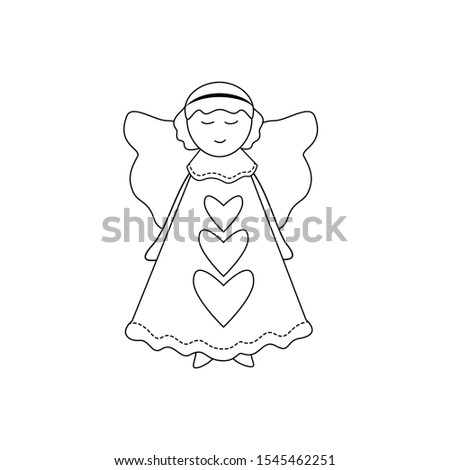 Single Christmas and New Year angel on white background. Doodle illustration for coloring book, greeting cards, stickers, posters, and seasonal design and decor. Contour of a cute toy isolated