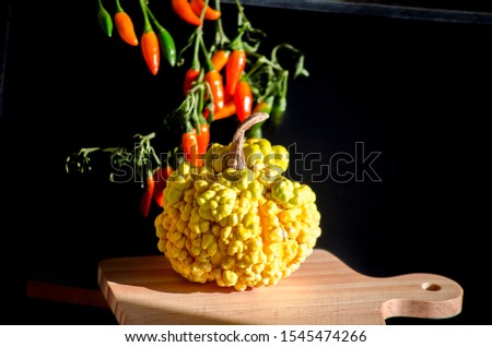 yellow decorative pumpkins close-up. Dark background. Wooden cutting kitchen board. Green branch with red hot peppers. Autumn floral concept. Fall cozy still life. Selective focus