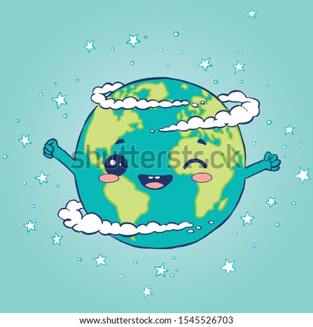 A cute cartoon planet Earth with hands in the air. Vector illustration.