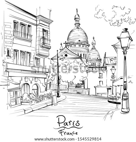 Vector black and white sketch of the Place du Tertre and the Sacre-Coeur, quarter Montmartre in Paris, France
