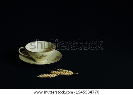 Exquisite tea cup on saucer made of thin porcelain with original floral ornament and ears of wheat on black background. Concept of beauty, retro, style, chic, luxury. Minimal style.