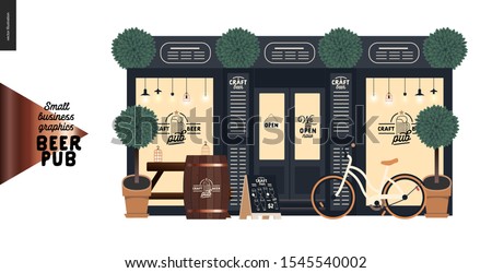 Brewery, craft beer pub -small business graphics -a bar facade-modern flat vector concept illustrations -a pub front, shocase with logo, table, barrel, bicycle, plants. pavement stand, blackboard menu