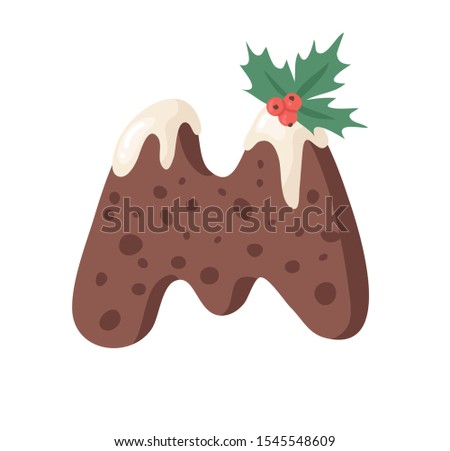 Cartoon vector illustration Christmas Pudding. Hand drawn font. Actual Creative Holidays bake alphabet and letter M