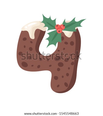 Cartoon vector illustration Christmas Pudding. Hand drawn font. Actual Creative Holidays bake alphabet and number 4