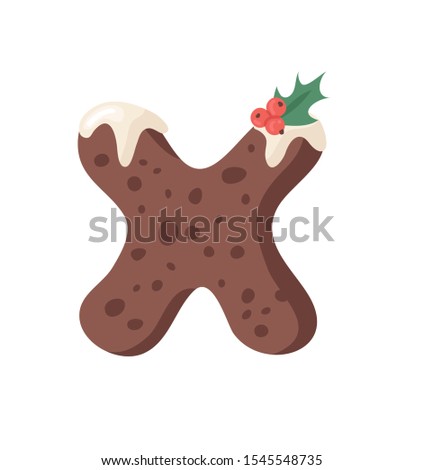 Cartoon vector illustration Christmas Pudding. Hand drawn font. Actual Creative Holidays bake alphabet and letter X