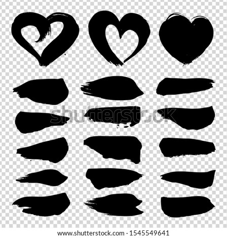 Abstract  texture brushstrokes straight and in heart shape black ink isolated on imitation transparent background